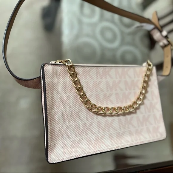 Michael Kors Monogram Nude Pink Leather Fanny Pack Belt with Gold Chain Zipper - Picture 4 of 9